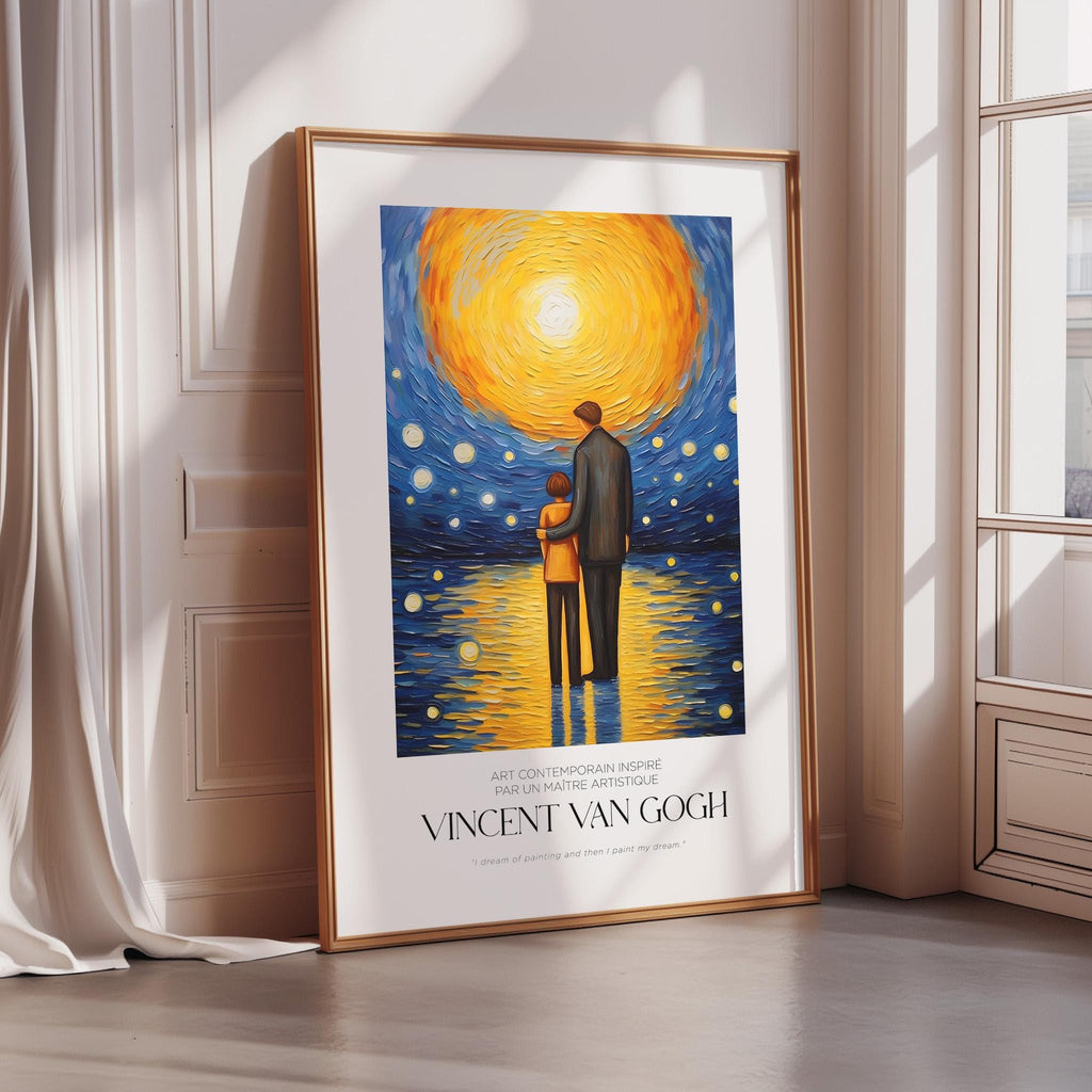 The image is a framed poster of Vincent Van Gogh's painting "Starry Night". The painting depicts a man and a child standing together under a starry sky. The poster is placed on a white wall, and there is a curtain visible in the background.