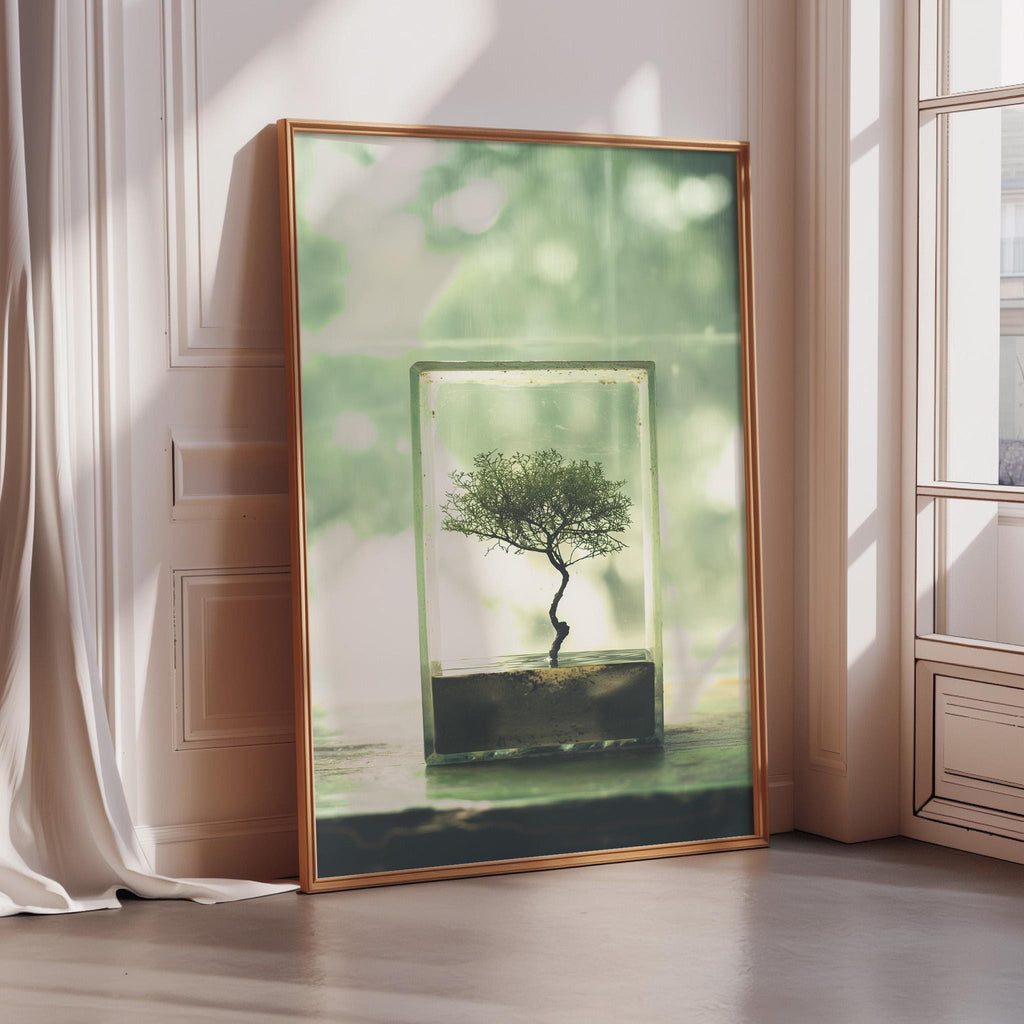 A framed image of a small tree growing in a glass container, placed on a wooden floor in a room with a window.