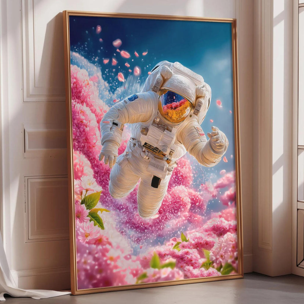 The image is a framed artwork depicting an astronaut floating in a colorful, floral-filled space.