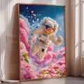 The image is a framed artwork depicting an astronaut floating in a colorful, floral-filled space.