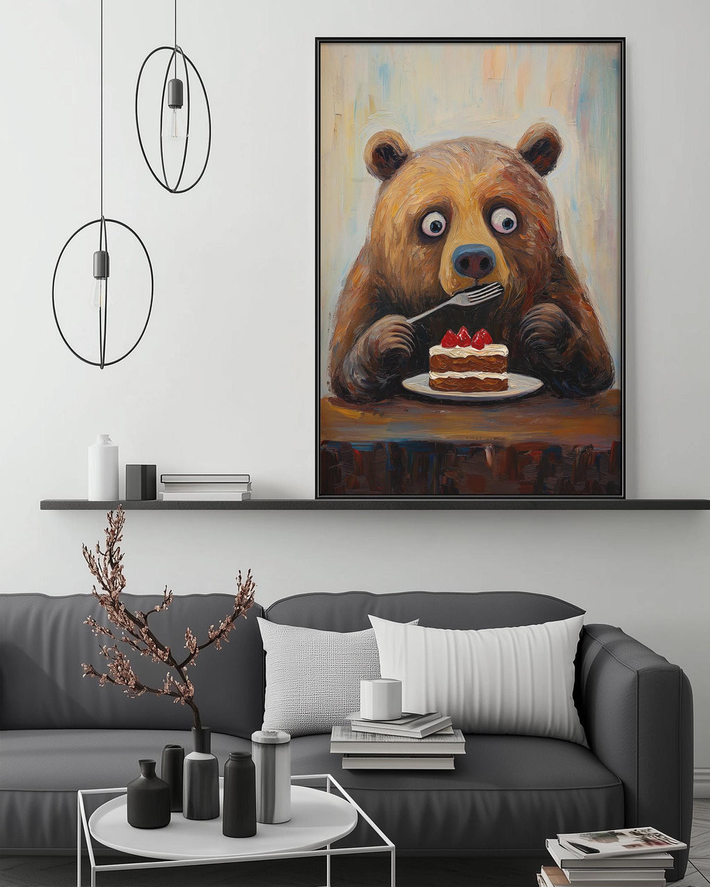 a large painting of a bear sitting at a table and eating a cake, with a cozy living room setting in the background.