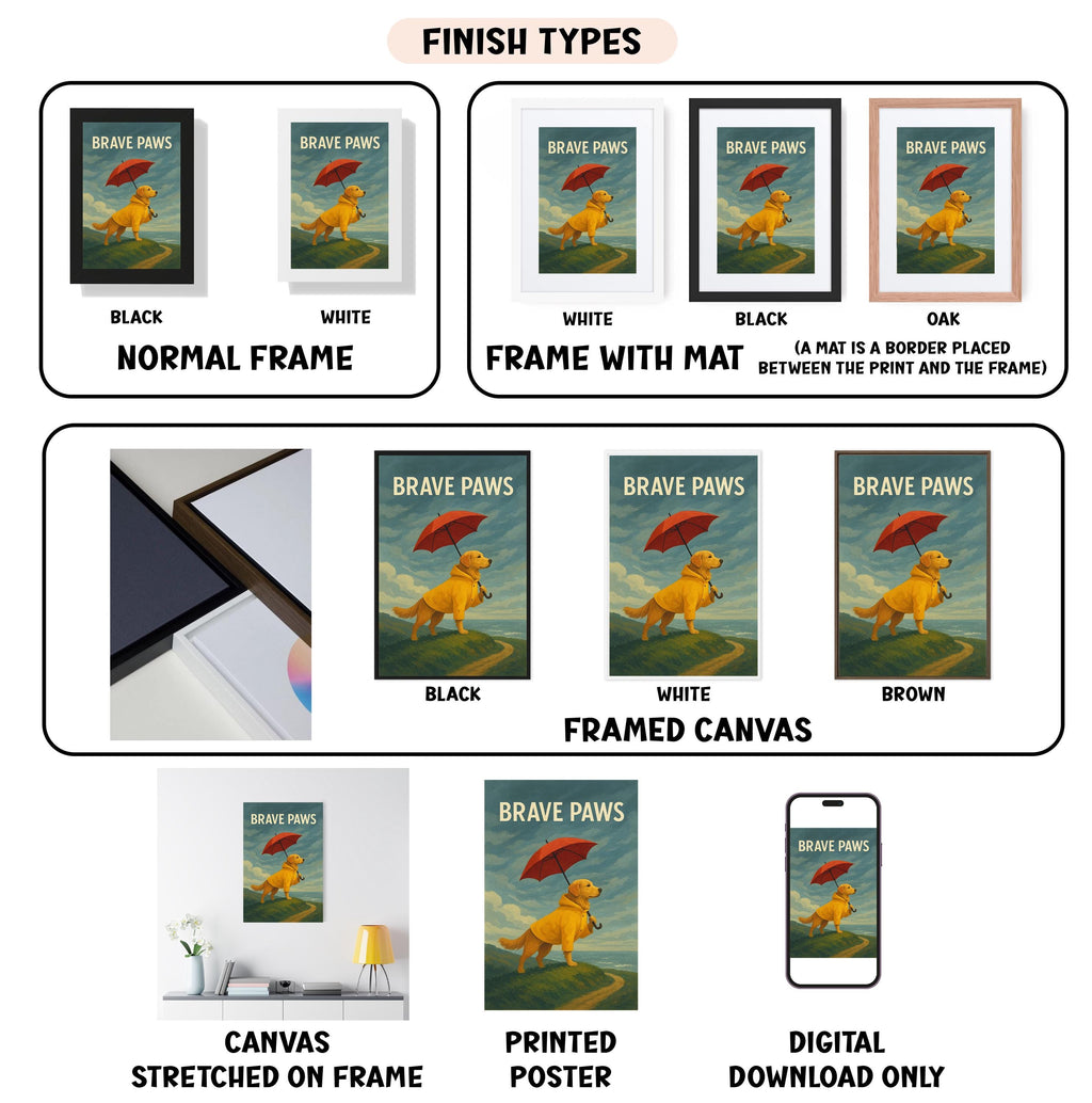 various images of a poster or artwork titled " Brave Paws" in different frames and styles, including a framed canvas, a stretched canvas, and a printed poster. The images showcase the artwork in different color schemes and frame styles, such as black, white, and brown. The text "FINISH TYPES" is displayed at the top, and the text "BROKE PAWS" is visible in the artwork.