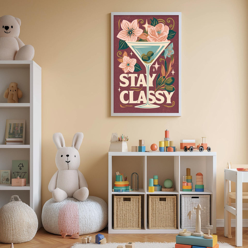 A child's bedroom with a large poster of a cocktail glass and flowers on the wall, a stuffed rabbit, a bookshelf, and a toy train.