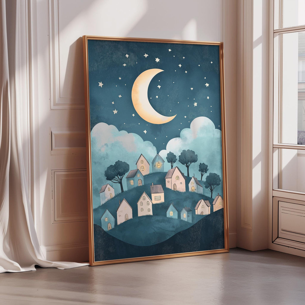 a framed illustration of a nighttime village scene with a crescent moon and stars in the sky.