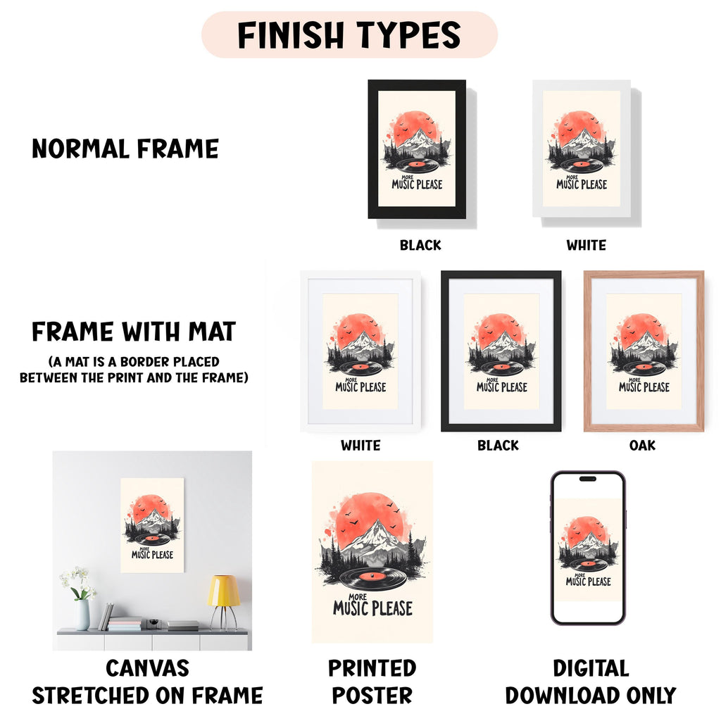 various types of artwork, including a poster, a framed print, a canvas stretched on a frame, and a digital poster. The artwork is presented in different frame colors and styles, such as a normal frame, a black frame, a white frame, and a black frame. The artwork is labeled with the words "NORMAL FRAME" and "FRAME WITH MAT (A MAT IS A BORDER PLACED BETWEEN THE PRINT AND THE FRAME)" and "DIGITAL DOWNLOAD ONLY".