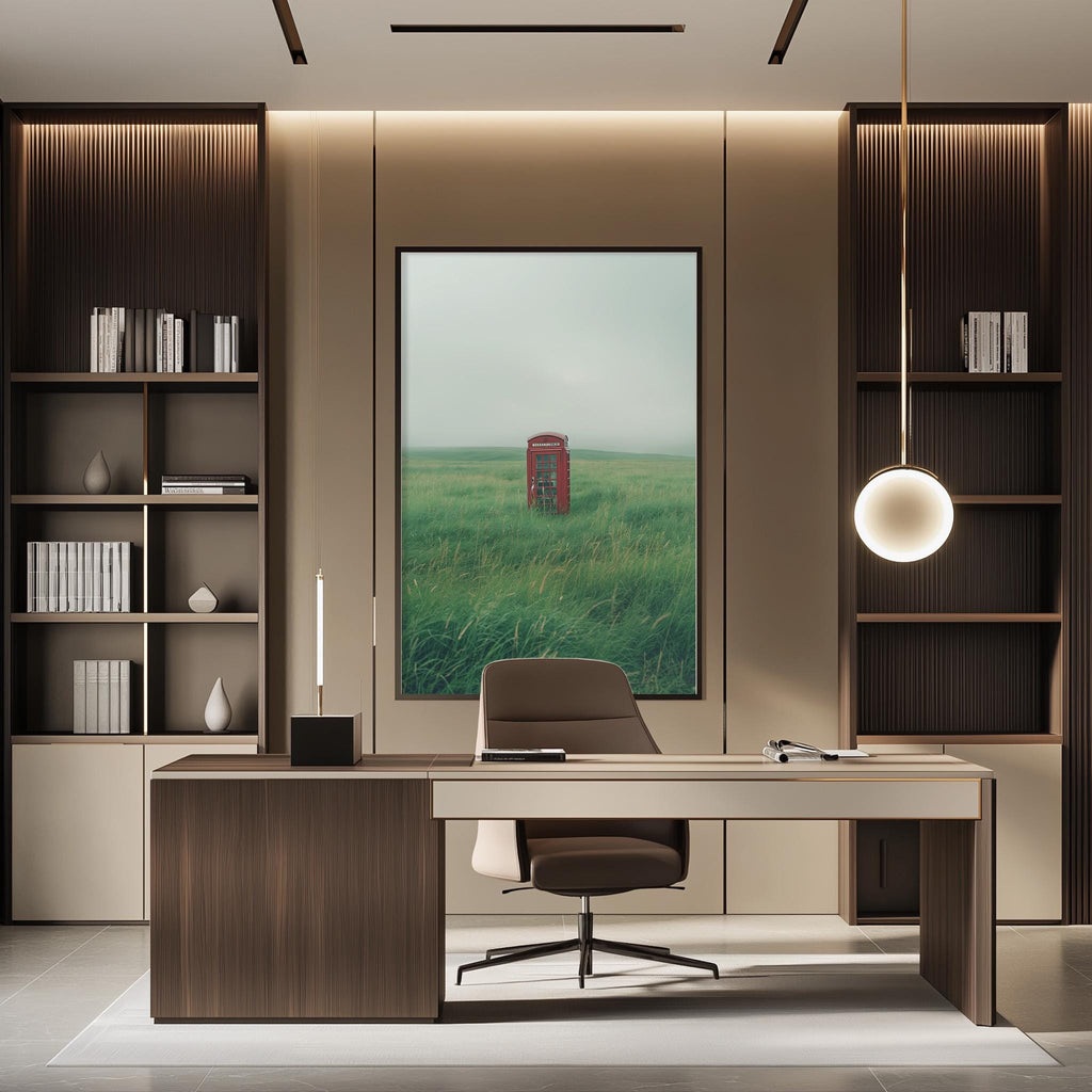 a modern office space with a large framed picture of a red telephone booth in the background, surrounded by bookshelves and a desk with a chair.