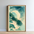 The image is a framed artwork depicting a serene landscape with a large moon and silhouetted trees against a pale blue sky.