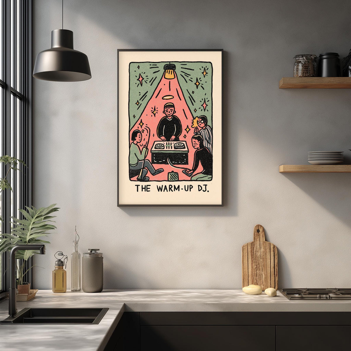 a framed illustration of a group of people gathered around a table with various objects, including a record player and a wooden cutting board.