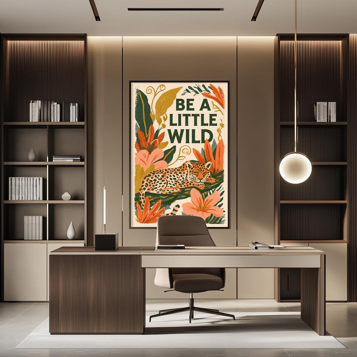 a modern office space with a large framed poster of a leopard on the wall, a wooden desk with a chair, and a bookshelf filled with books.