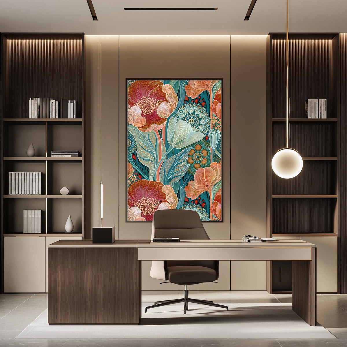 a modern and stylish home office with a large floral artwork on the wall, a wooden desk, and a comfortable-looking chair.