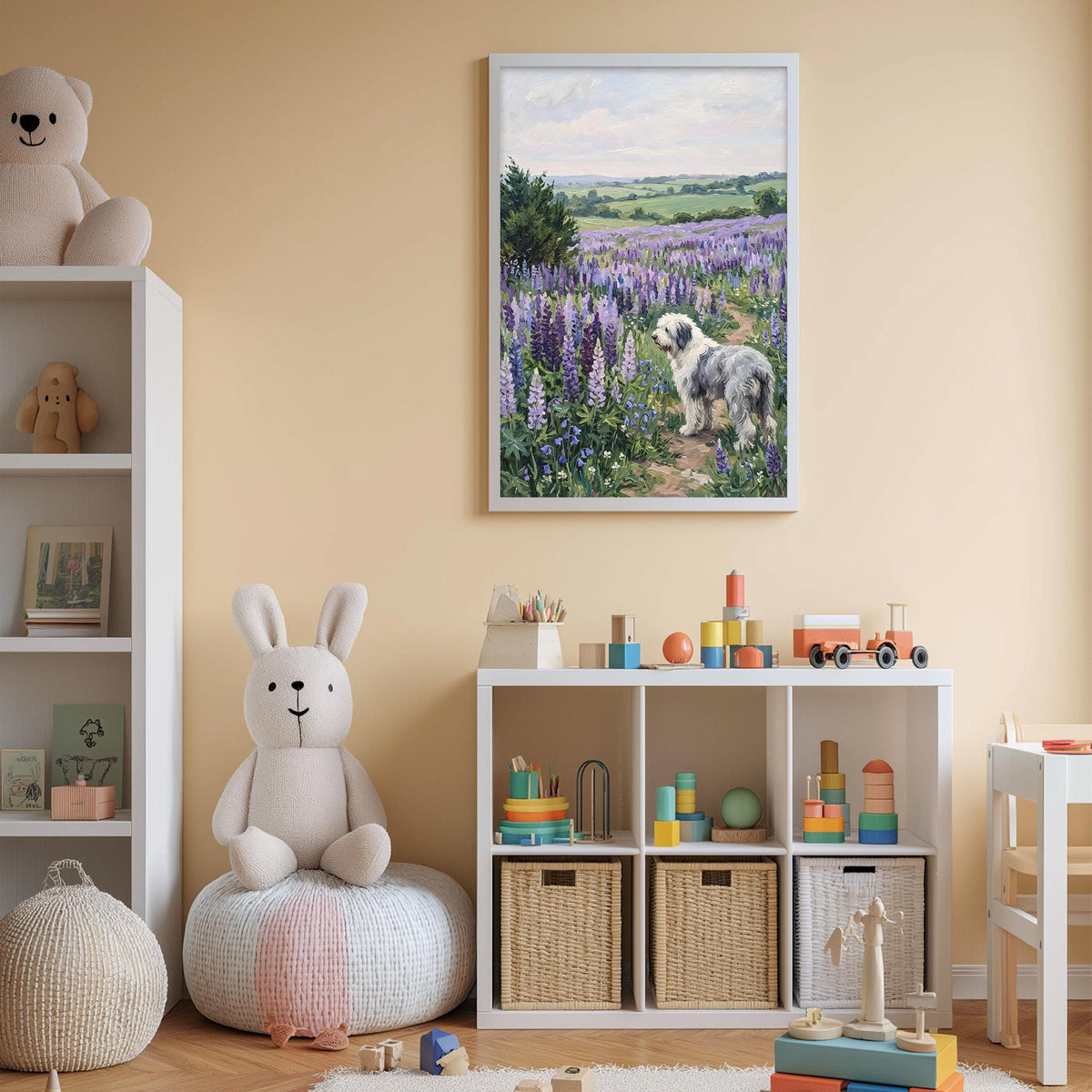 A cozy children's room with a white rabbit sitting on a bean bag chair, surrounded by toys and a bookshelf filled with books and toys. A framed painting of a dog in a field of purple flowers hangs on the wall above the bookshelf.