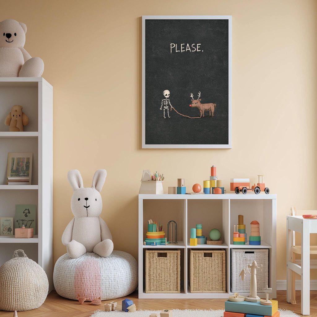 A cozy children's room with a white bookshelf, a plush bunny, and a toy skeleton. The room has a chalkboard with the word "PLEASE" written on it, and there are various toys and storage bins on the shelves.