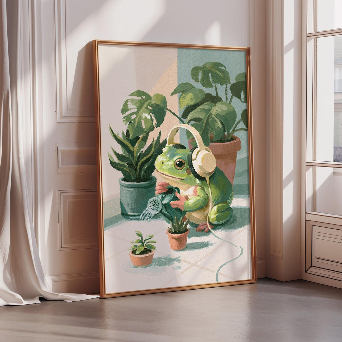 A framed painting depicting a green frog wearing headphones, surrounded by potted plants, with a window in the background.
