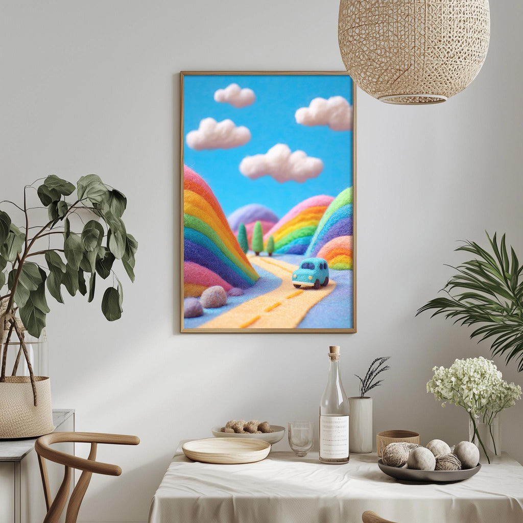 a vibrant, whimsical scene of a rainbow-colored landscape with a blue van driving down a winding road. The scene is framed and hung on a wall, creating a cheerful and imaginative atmosphere.