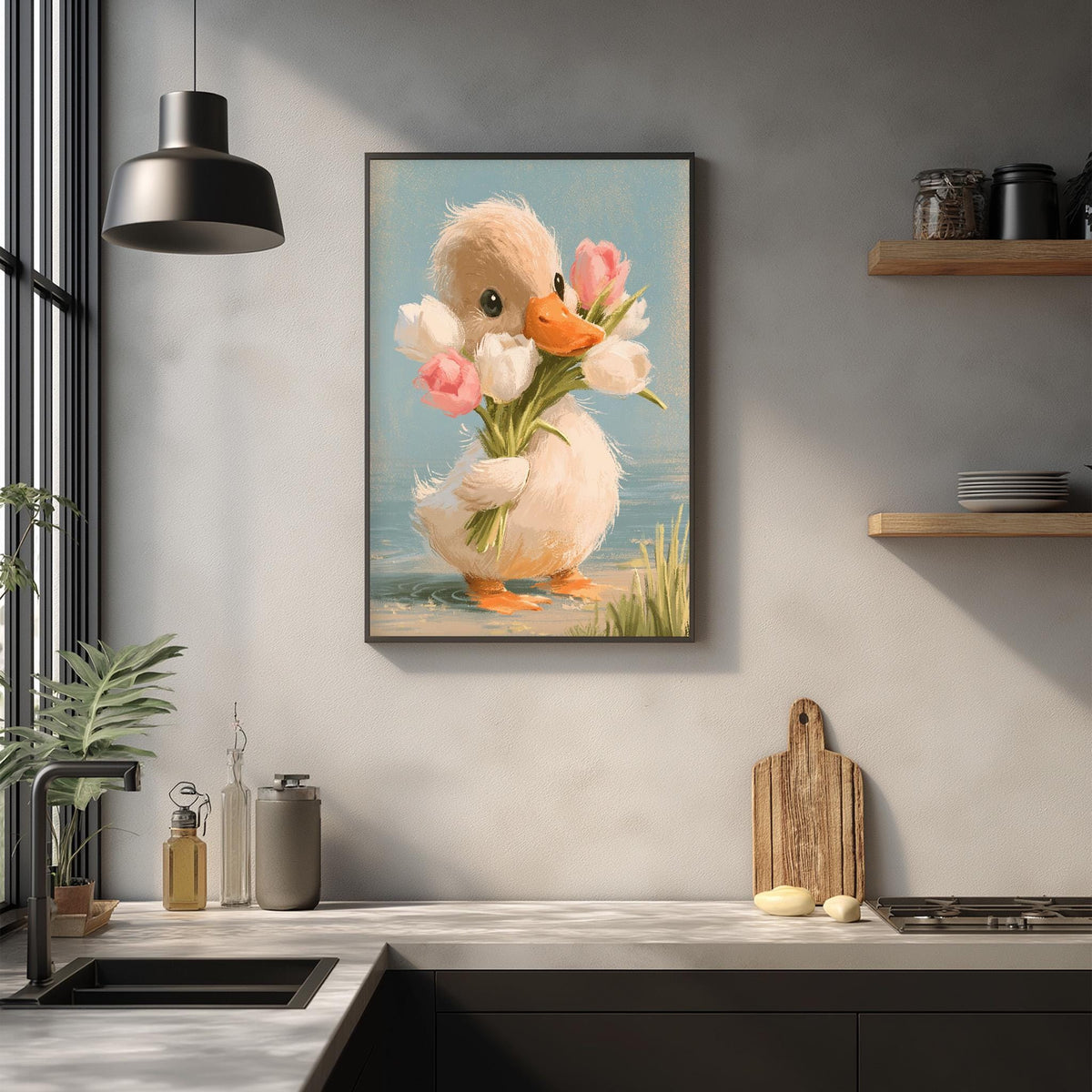 a kitchen counter with a framed painting of a duck holding a bouquet of flowers hanging on the wall above it.