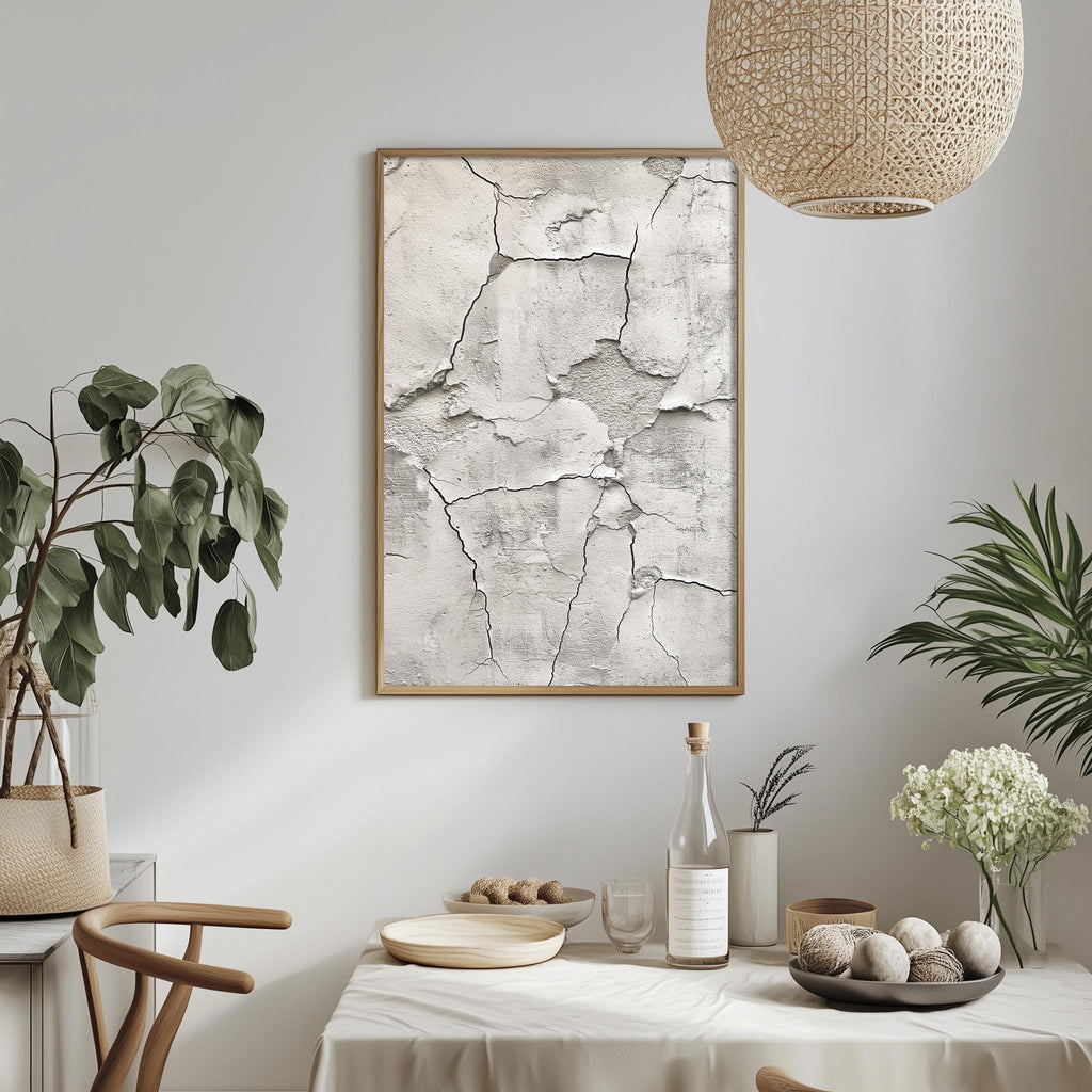 a minimalist dining room with a white tablecloth, a bowl of fruit, a bottle, and a plant. A large picture frame with a cracked texture is hanging on the wall above the table.