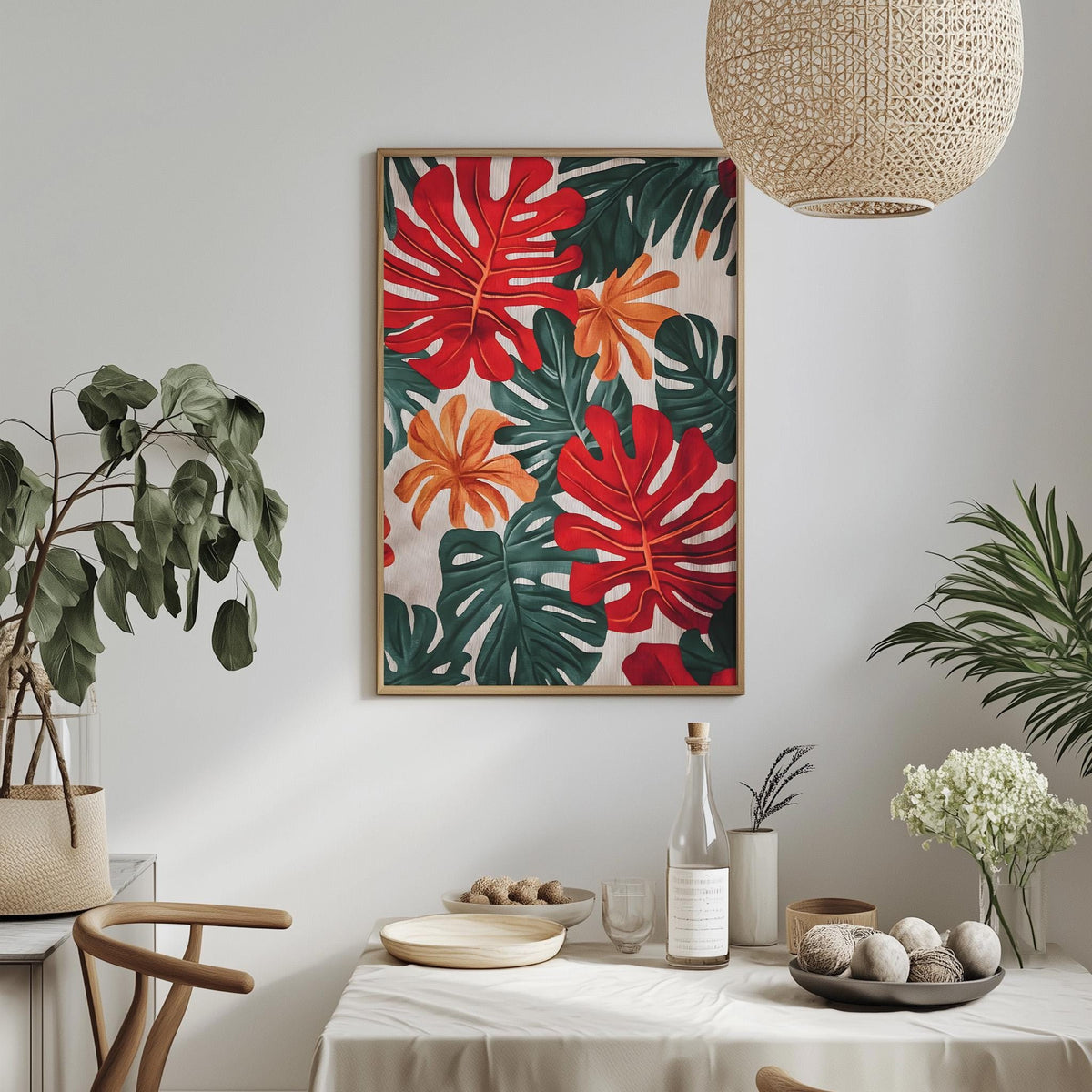 a dining table with a white tablecloth, a bowl of fruit, a bottle, and a vase with flowers. Above the table, there is a framed picture of tropical leaves hanging on the wall.