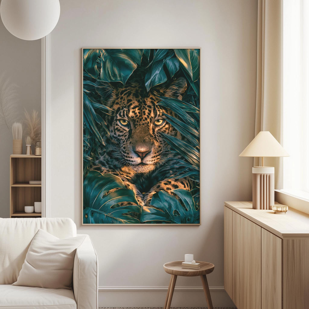 a large framed picture of a jaguar resting on a bed of green leaves, hanging on a wall in a living room.