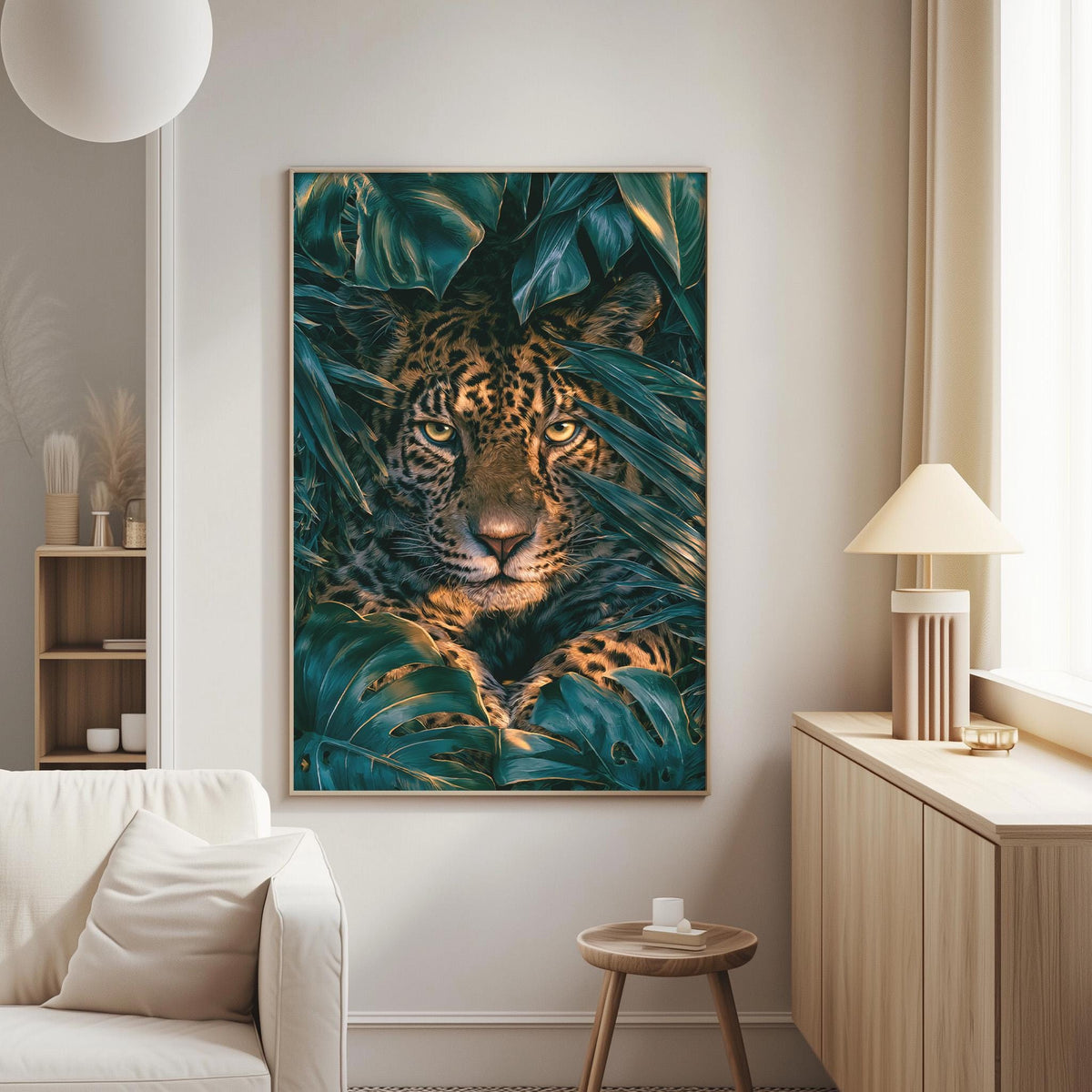 a large framed picture of a jaguar resting on a bed of green leaves, hanging on a wall in a living room.