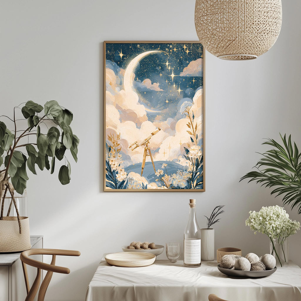 a serene indoor setting with a framed painting of a crescent moon and stars above a field of flowers, a potted plant, and a table with a vase of white flowers.