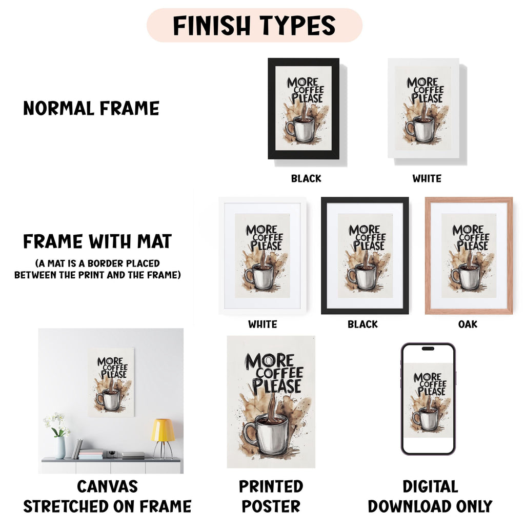 various finish types for a coffee-themed artwork, including a normal frame, a frame with a mat, white, black, black and white, and digital download only.