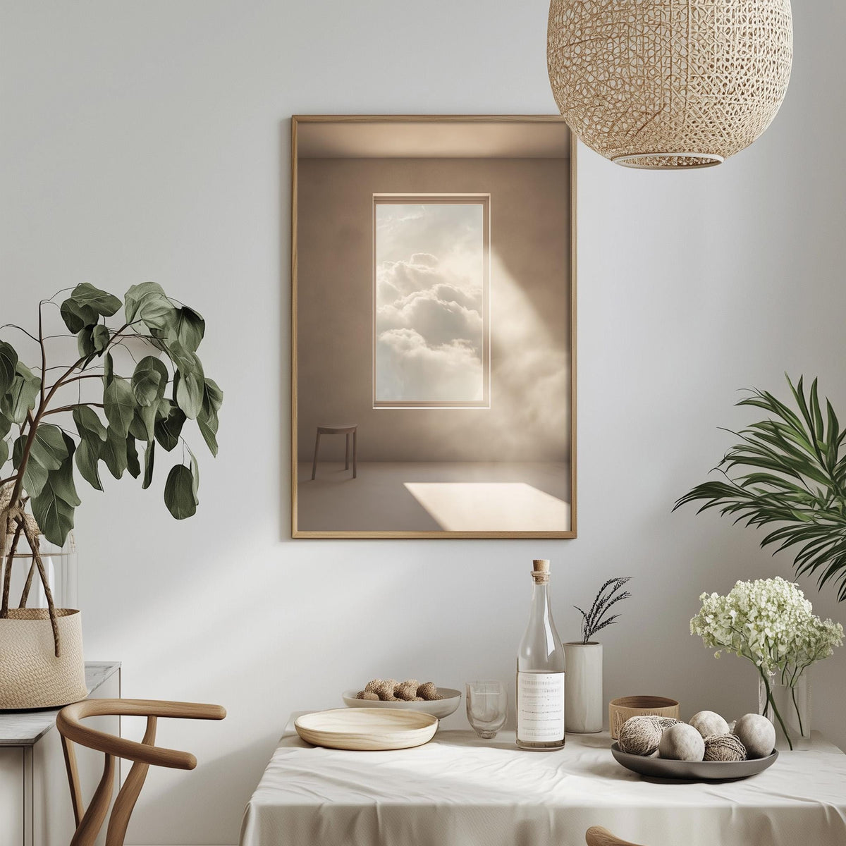 a serene and minimalist dining area with a white tablecloth, a potted plant, a framed picture of a window with clouds, and a hanging light fixture.