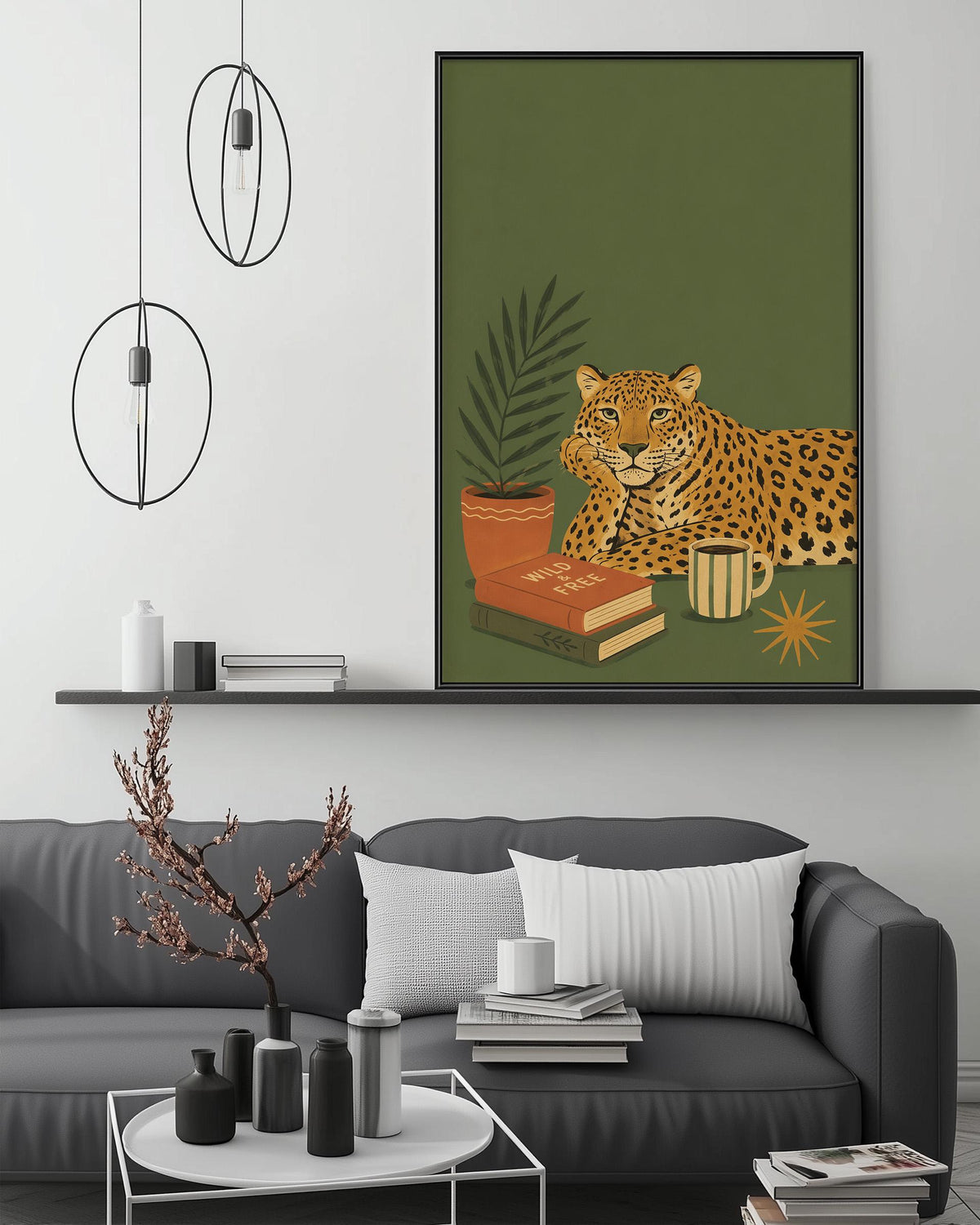 a large framed artwork of a leopard resting on a bookshelf, surrounded by various decorative items such as a potted plant, a vase, and a stack of books.