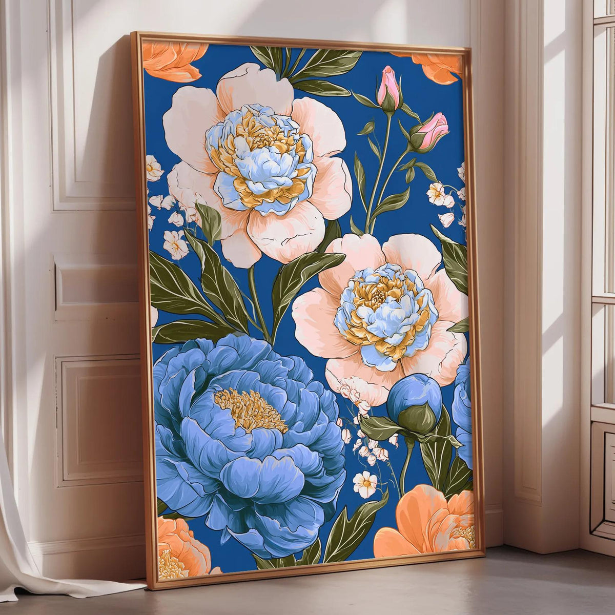 A large framed painting depicting a vibrant floral scene with blue, pink, and orange flowers, including peonies and roses, against a blue background.