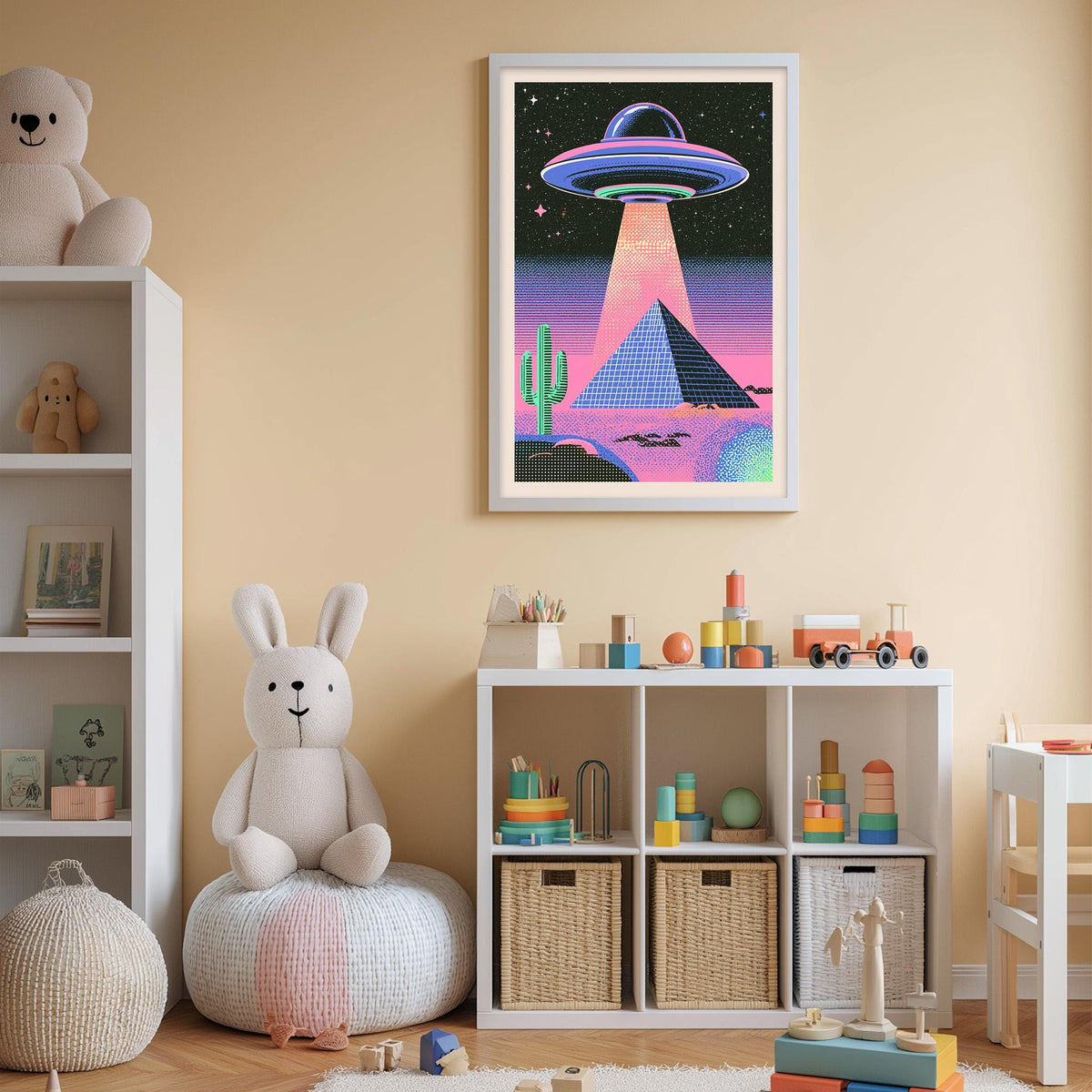 a child's bedroom with a large poster of an alien spacecraft hovering over a desert landscape, surrounded by various toys and storage bins.