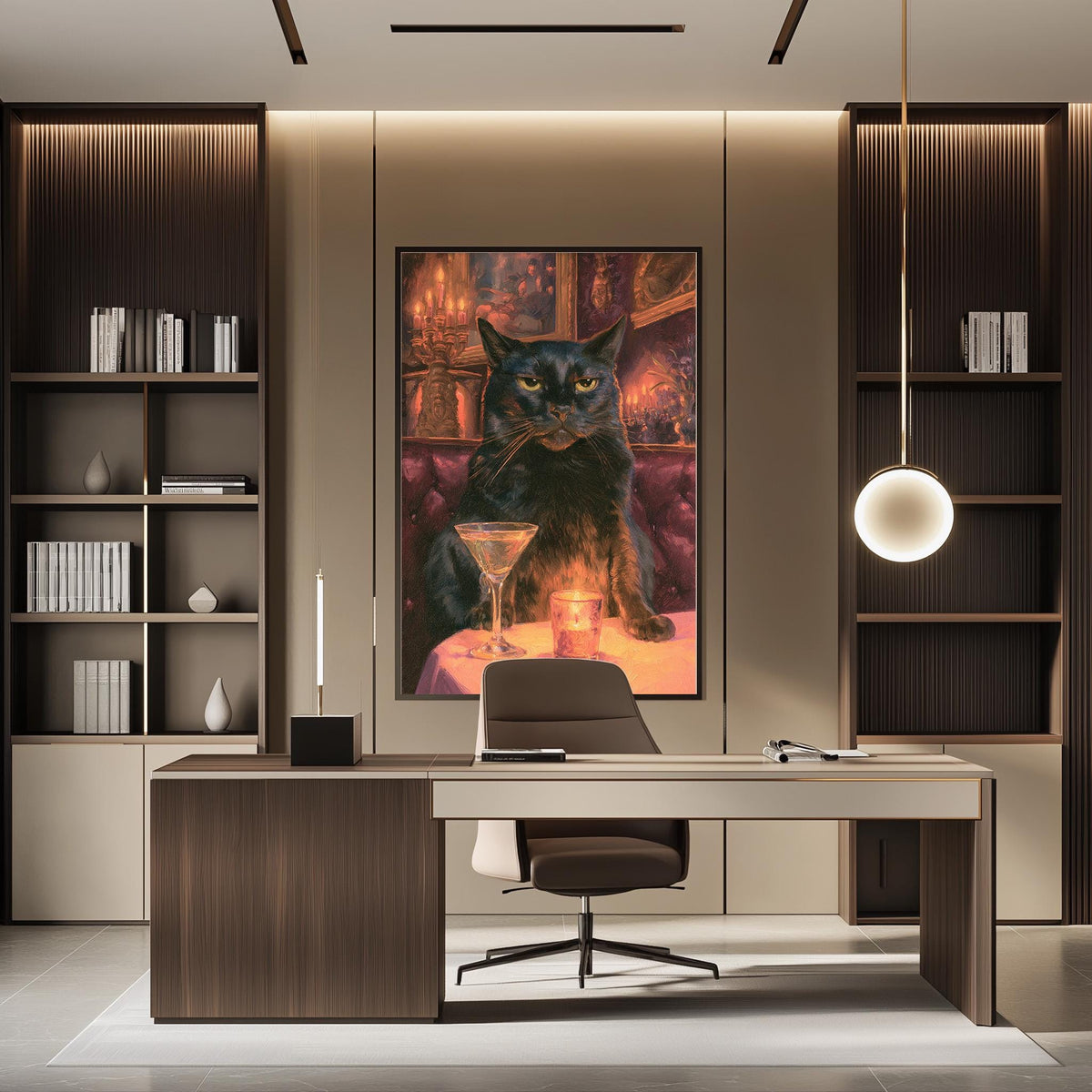 a large painting of a black cat sitting at a table with a martini glass in front of it, surrounded by a cozy and elegant setting.