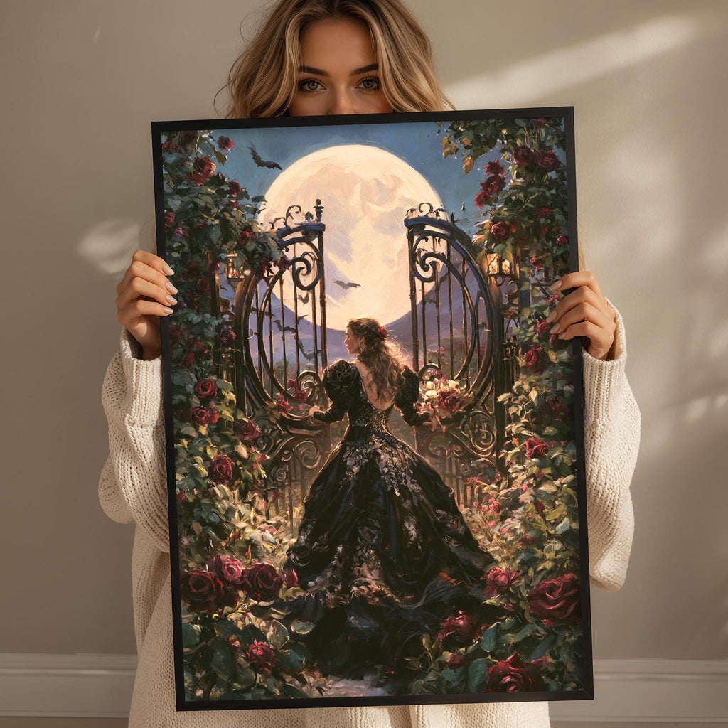 A woman holding a framed painting of a woman in a long black dress standing in front of a gate with a large moon behind it.