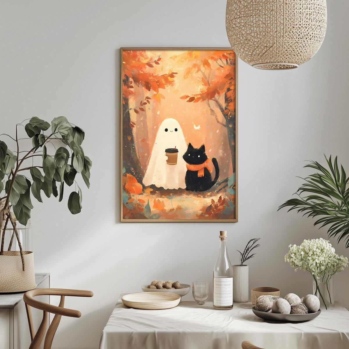 a cozy and whimsical scene with a ghost and a cat sitting together in a forest setting, surrounded by autumnal elements. The ghost is holding a cup, and the cat is sitting next to it. The background is filled with trees and leaves, creating a warm and inviting atmosphere. The table is set with various items, including a bottle, a bowl, and a vase, adding to the overall charm of the scene.