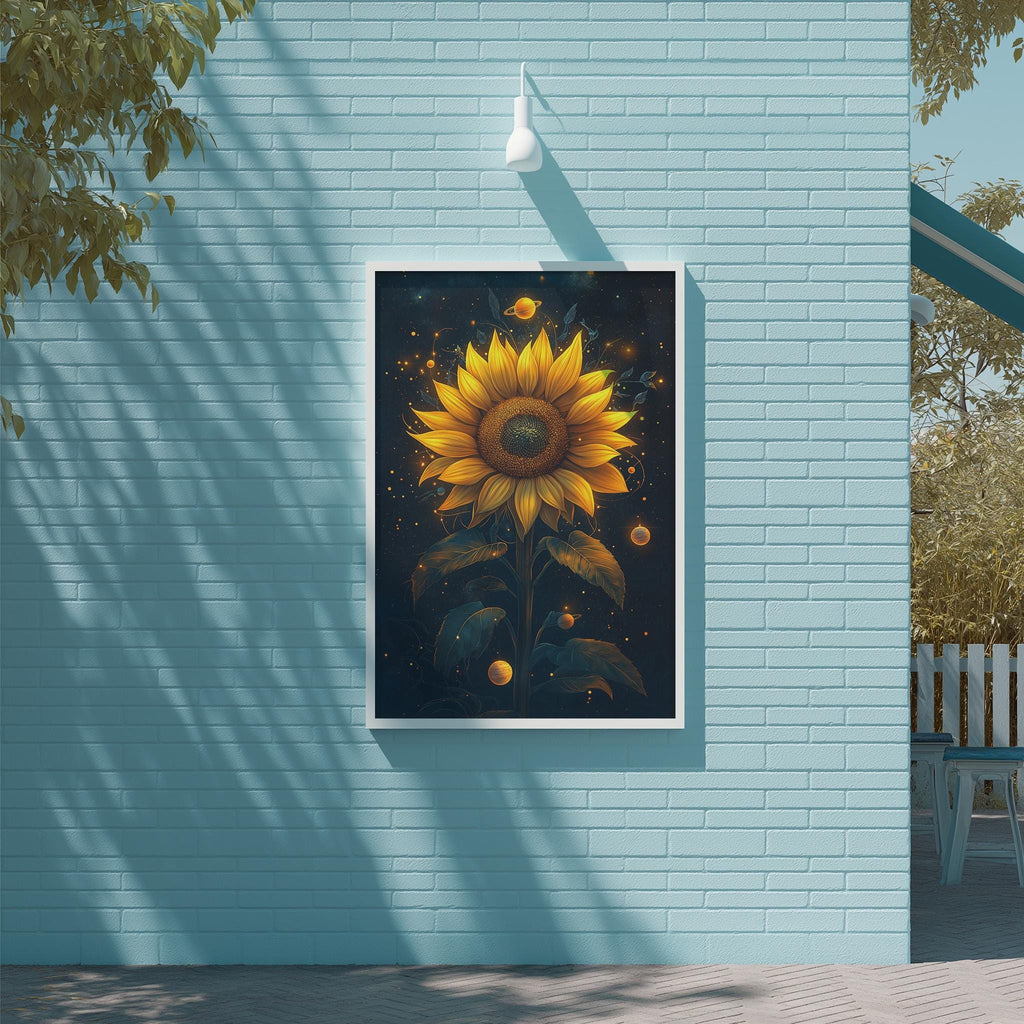 a large, vibrant sunflower painting hanging on a blue brick wall.