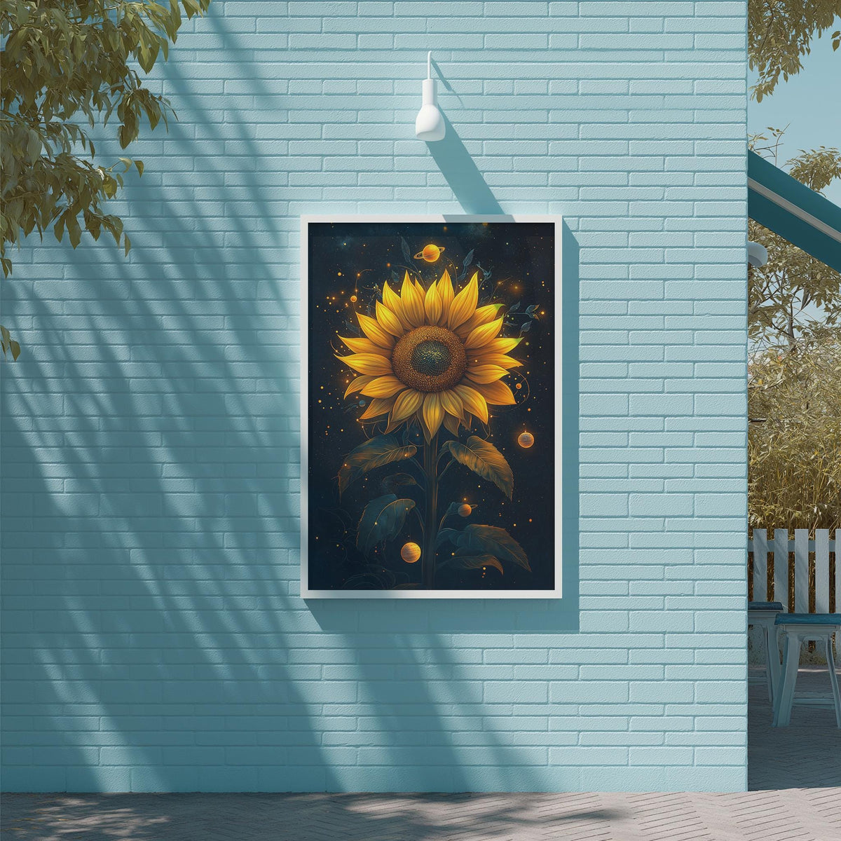 a large, vibrant sunflower painting hanging on a blue brick wall.