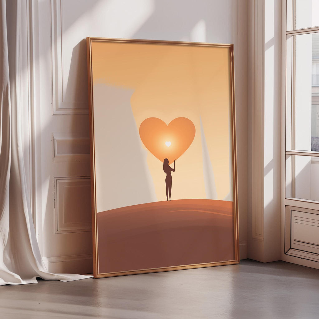 a large framed picture of a person holding a heart-shaped object, which appears to be a symbol of love or affection.