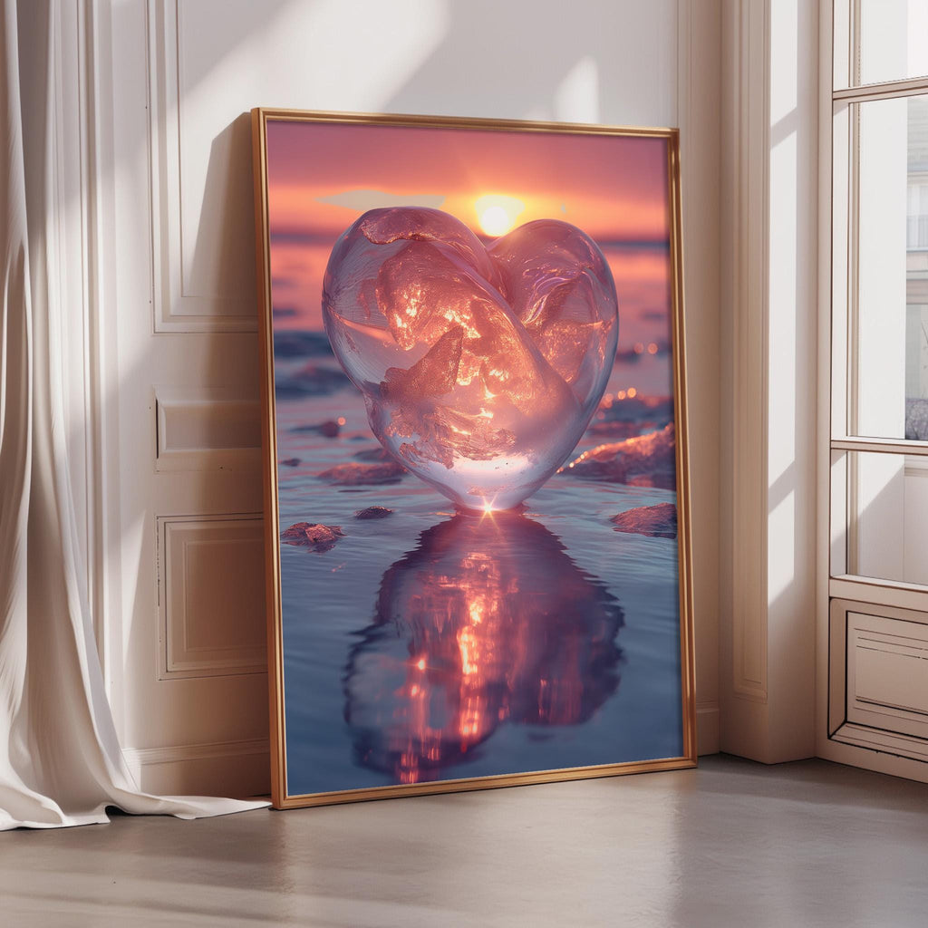 A large framed artwork depicting a heart-shaped object with a glowing, ethereal glow, set against a serene sunset landscape with a body of water and rocks.
