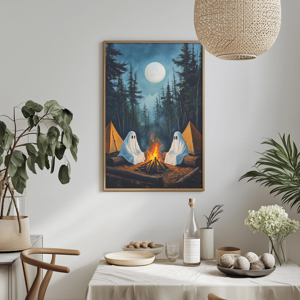 a cozy campsite scene with two ghostly figures sitting by a campfire under a full moon, surrounded by tents and plants.
