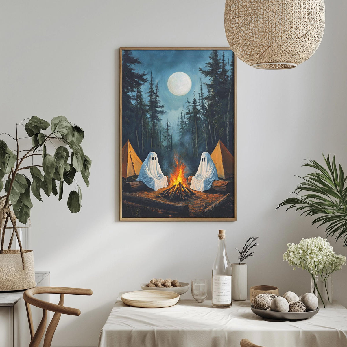 a cozy campsite scene with two ghostly figures sitting by a campfire under a full moon, surrounded by tents and plants.