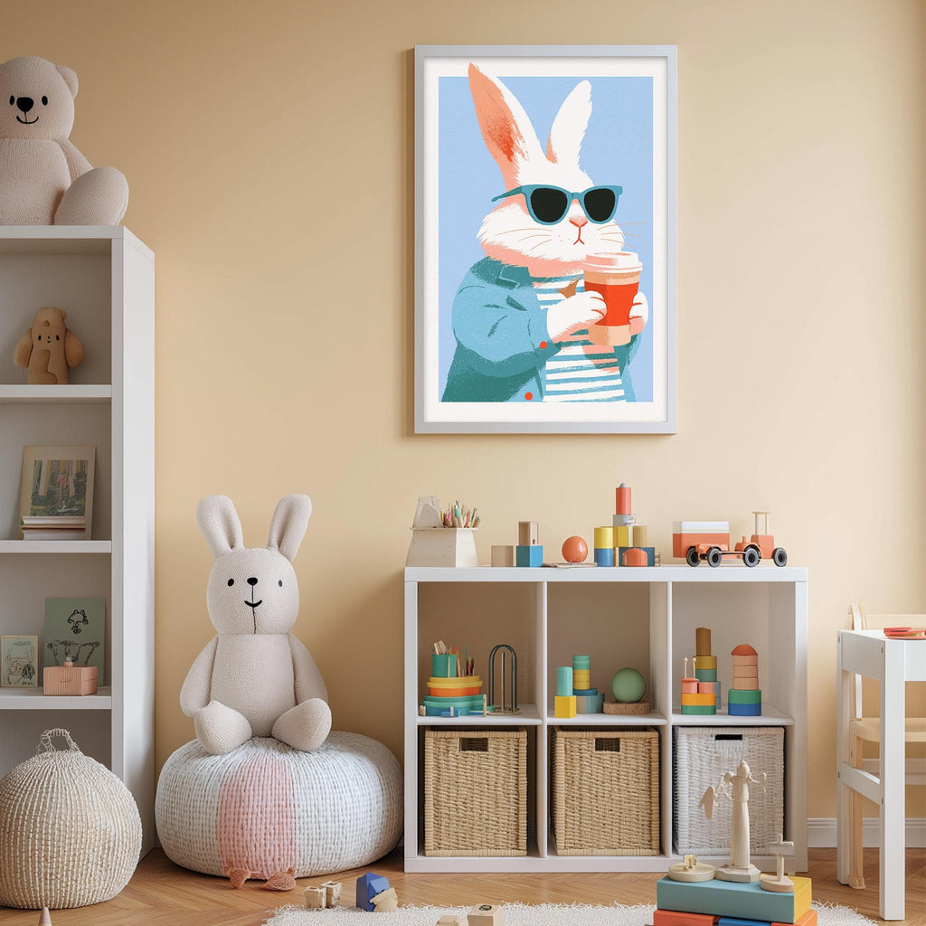 A child's bedroom with a white bookshelf, a stuffed rabbit, a toy train, and a framed picture of a rabbit wearing sunglasses.