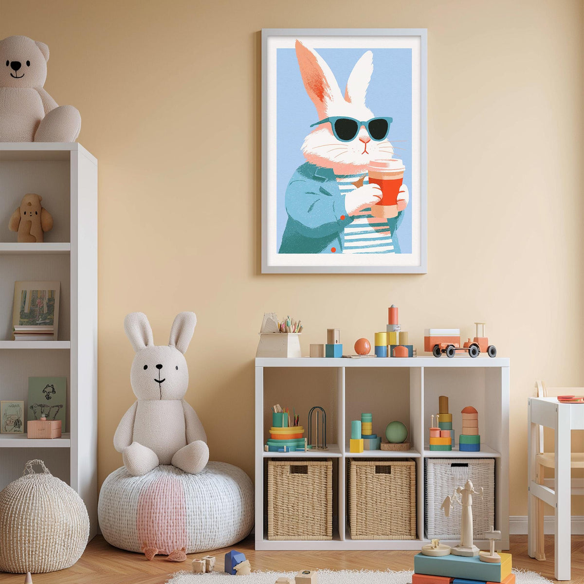A child's bedroom with a white bookshelf, a stuffed rabbit, a toy train, and a framed picture of a rabbit wearing sunglasses.