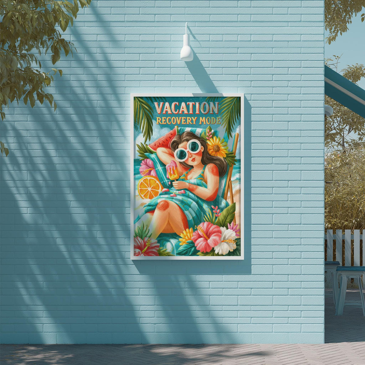 A colorful poster with a woman lounging in a tropical setting, surrounded by flowers and palm trees, is displayed on a light blue wall.