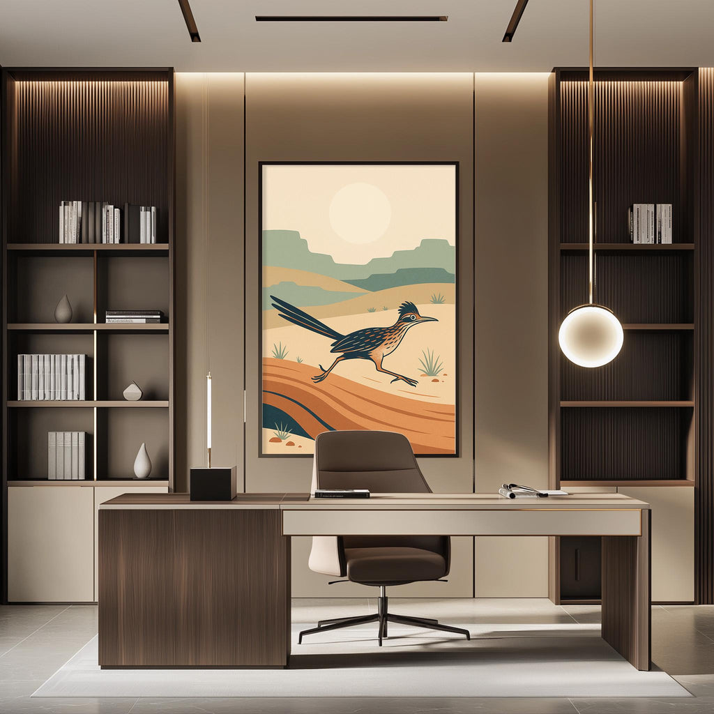 a modern office space with a large framed artwork of a bird in a desert landscape hanging on the wall. The office features a wooden desk, a comfortable-looking chair, and a bookshelf filled with books. The overall design and decor create a professional and stylish atmosphere.
