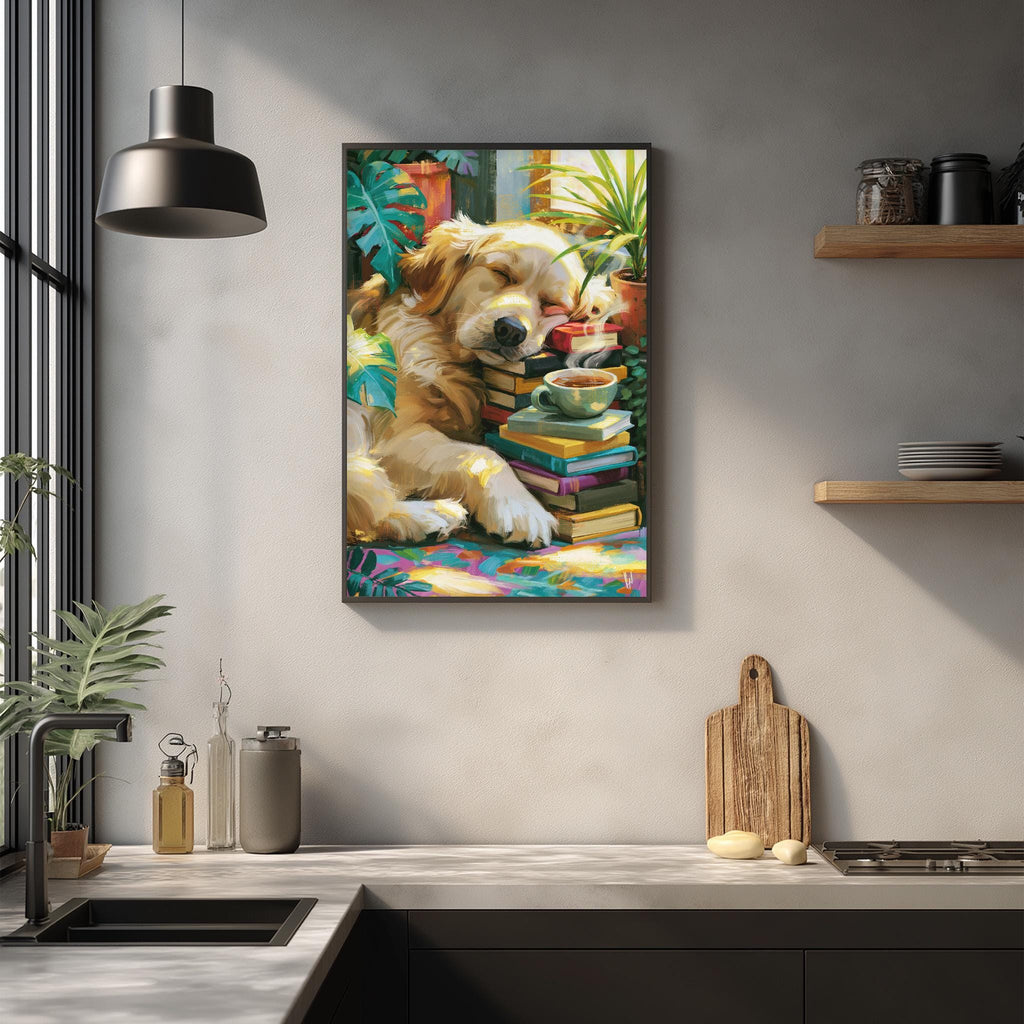 a cozy scene of a golden retriever dog curled up and sleeping on a stack of books, surrounded by a potted plant and other decorative items.