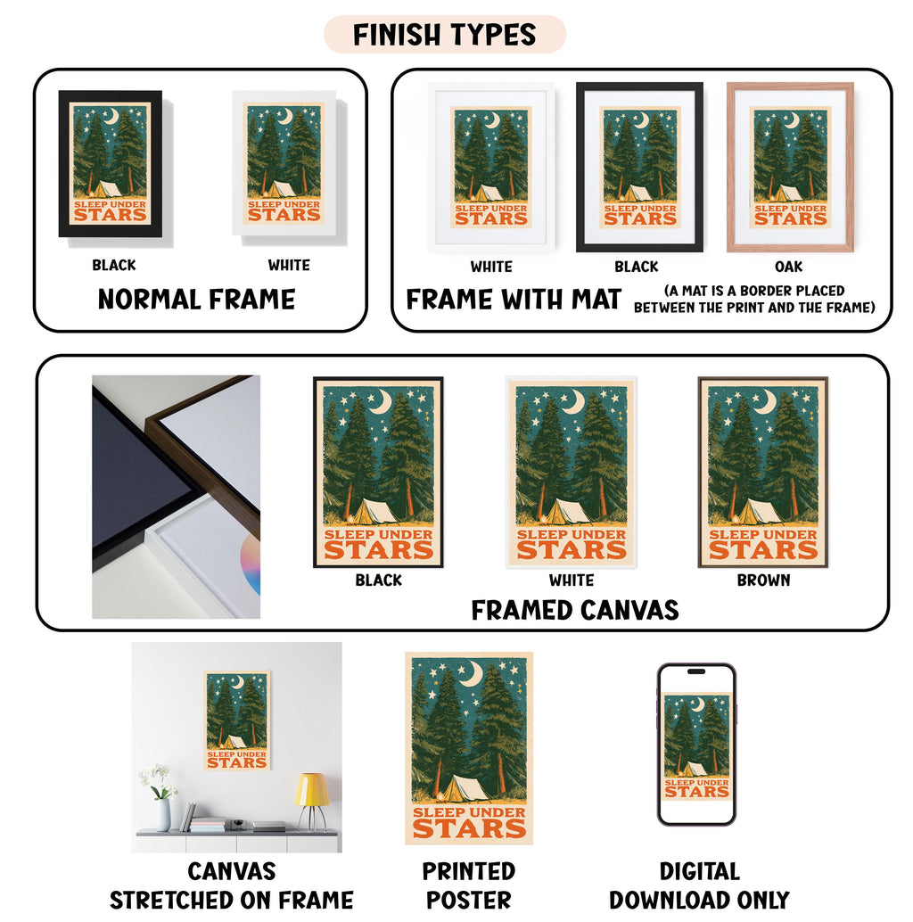 various images of a poster or artwork titled "SLEEP UNDER STARS" with different frame types and finishes.