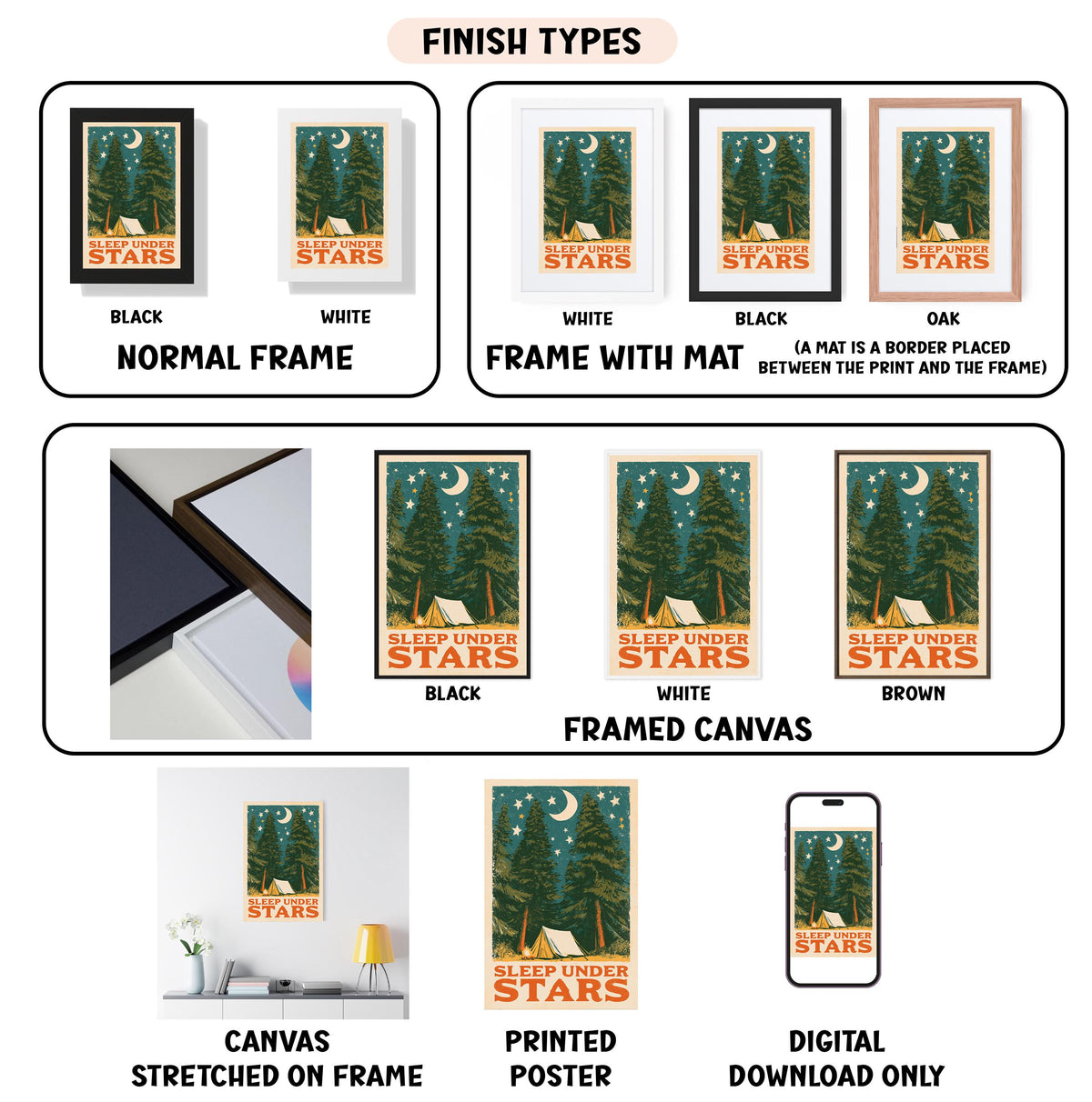 various images of a poster or artwork titled "SLEEP UNDER STARS" with different frame types and finishes.