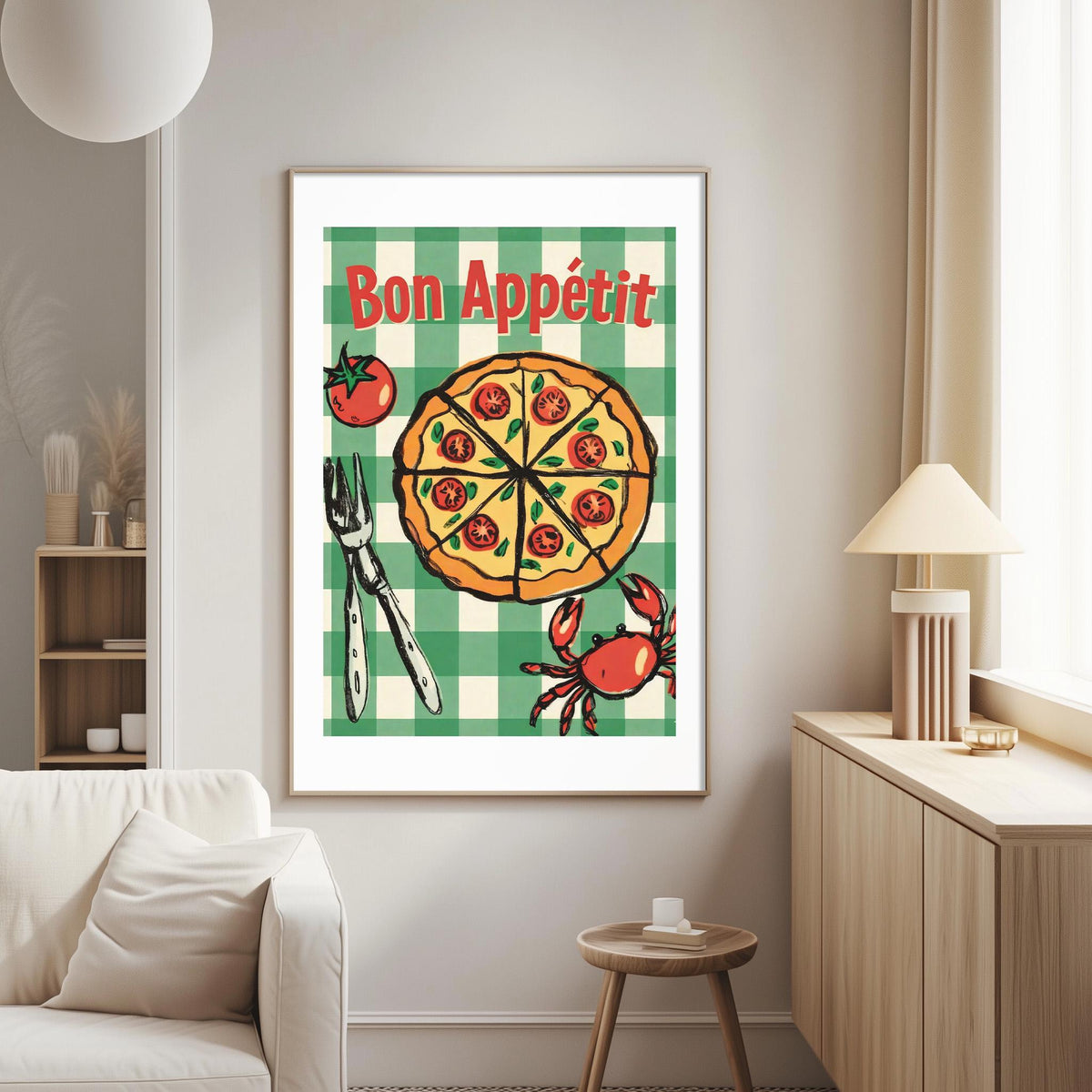 a framed poster of a pizza with various toppings, including a crab, on a checkered tablecloth.