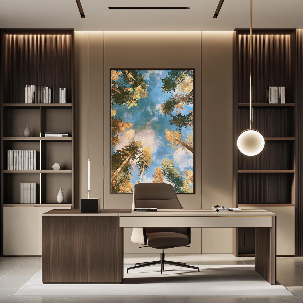 a modern and well-lit office space with a large window, wooden furniture, and a framed landscape painting on the wall.