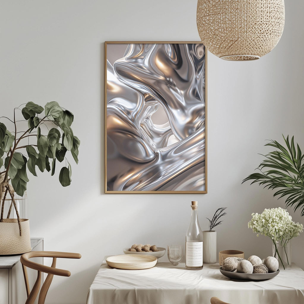 a modern dining room with a minimalist and elegant design. The focal point is a large abstract painting with a metallic, shiny texture that adds a touch of sophistication to the space. The dining table is set with various decorative items, including a potted plant, a vase with flowers, and a bowl of fruit. The room is illuminated by a hanging light fixture, creating a warm and inviting atmosphere.