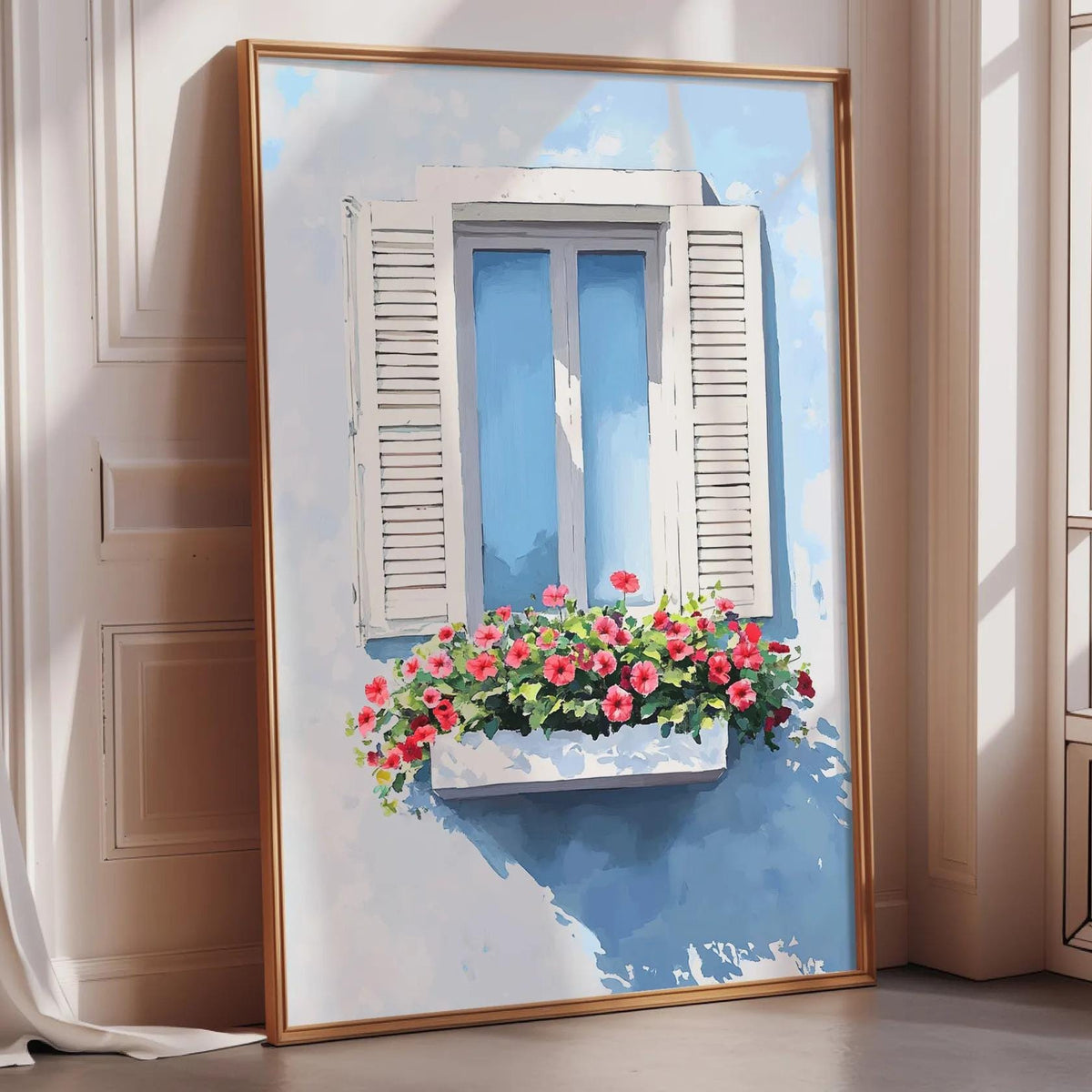 A large framed painting depicting a window with white shutters and a flower box filled with red flowers, set against a blue background.