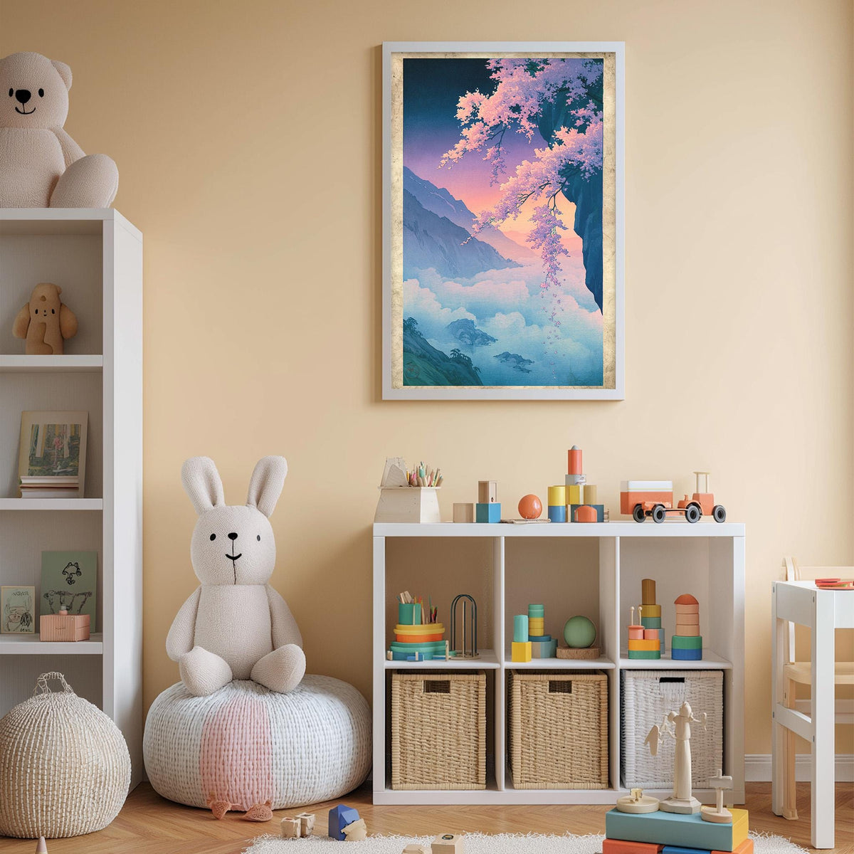 A cozy children's room with a large stuffed bunny, a bookshelf, and a colorful painting of a mountain landscape.